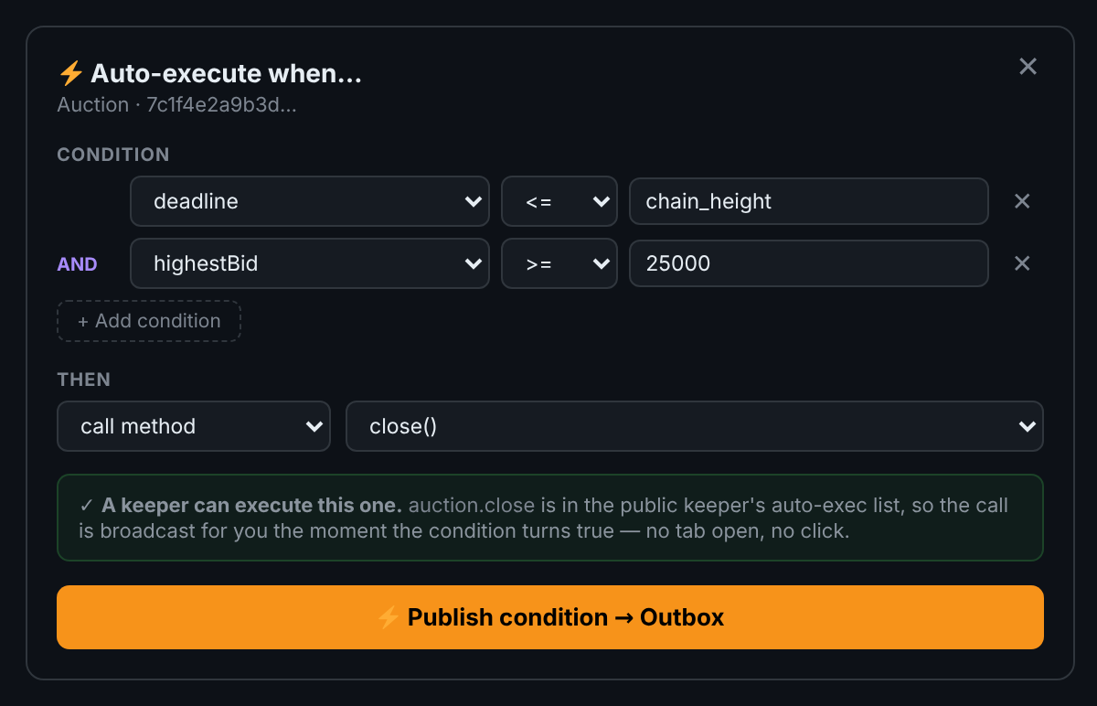 The auto-execute dialog: two conditions combined with AND, a Then clause selecting the close method, and a green banner confirming a keeper can execute this condition