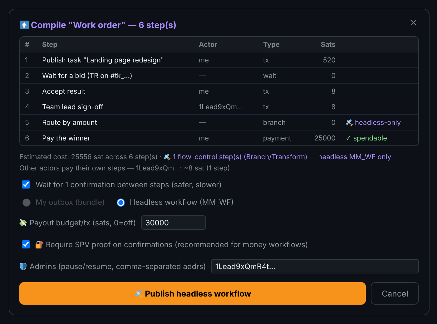 The compile dialog: a table of six steps with actor, type and cost, a total estimate, options for confirmations, target, payout budget, SPV proof and admins