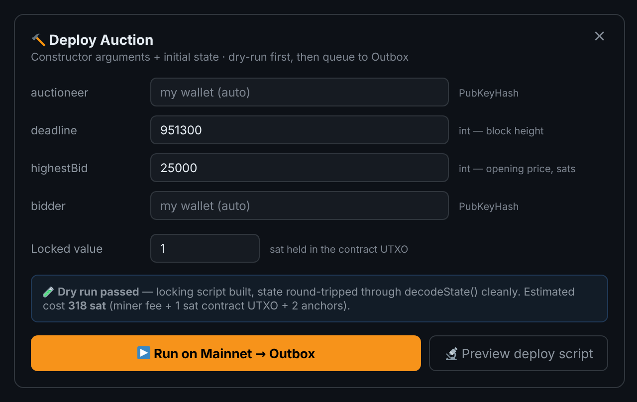 The deploy form for an Auction contract: constructor fields for auctioneer, deadline, opening bid and bidder, a locked value field, a dry-run result panel, and buttons to run on mainnet or preview the deploy script