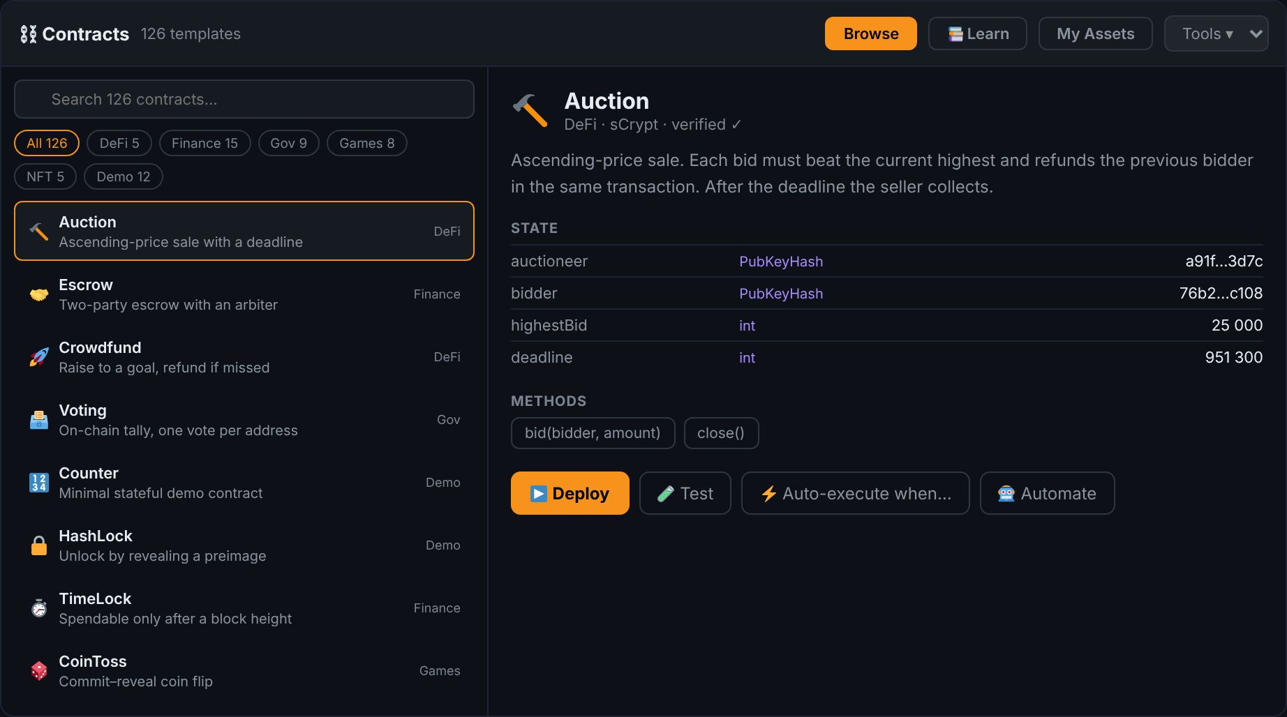 The Contracts module: a searchable list of contracts on the left with category filters, and a detail pane on the right showing the Auction contract's description, state fields, methods and action buttons