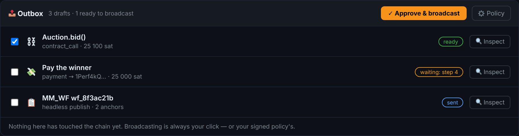 The Outbox: three drafts with their record type, cost and status, an Approve and broadcast button, and a Policy button