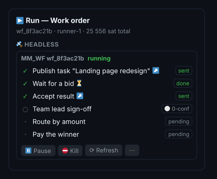 The Run panel: six workflow steps with per-step status chips including sent, done, 0-conf and pending, plus Pause, Kill and Refresh controls